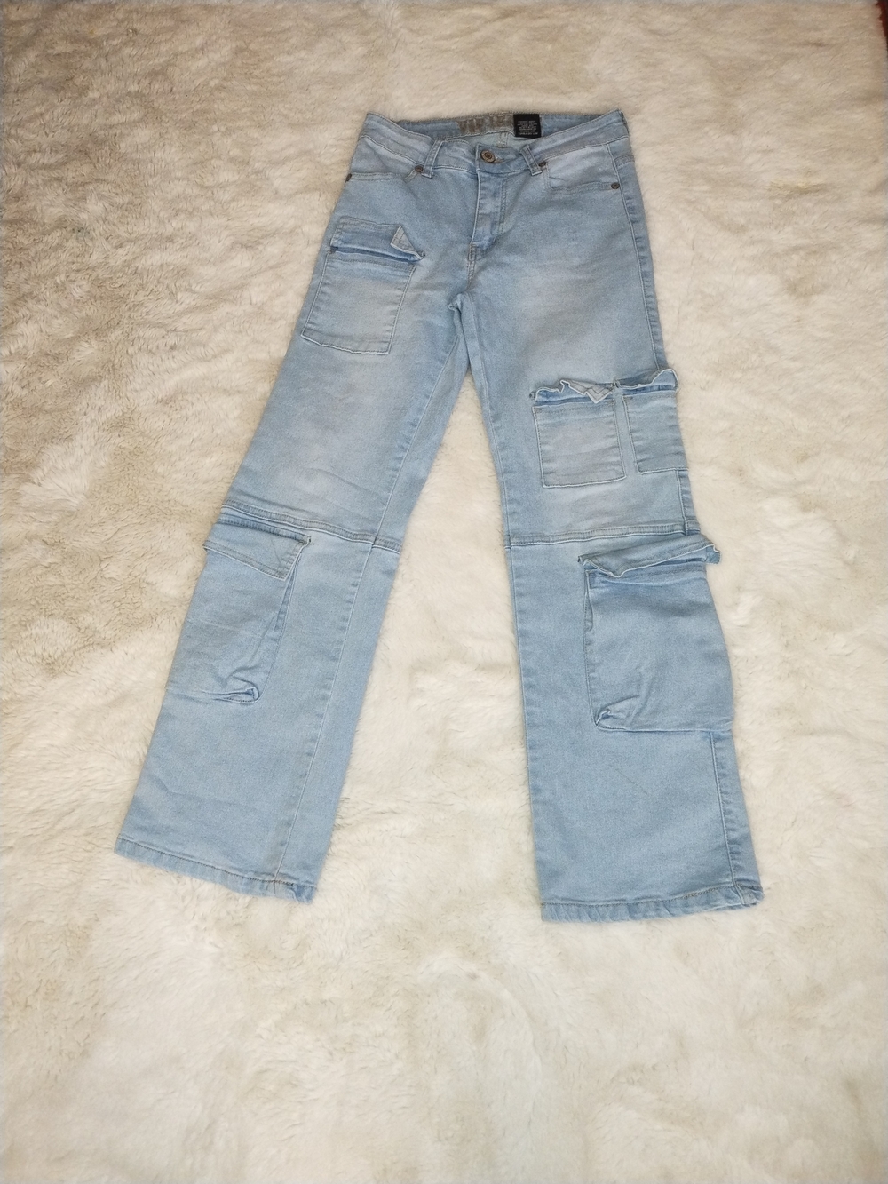Women's Light Blue Wide-Leg Cargo Jeans